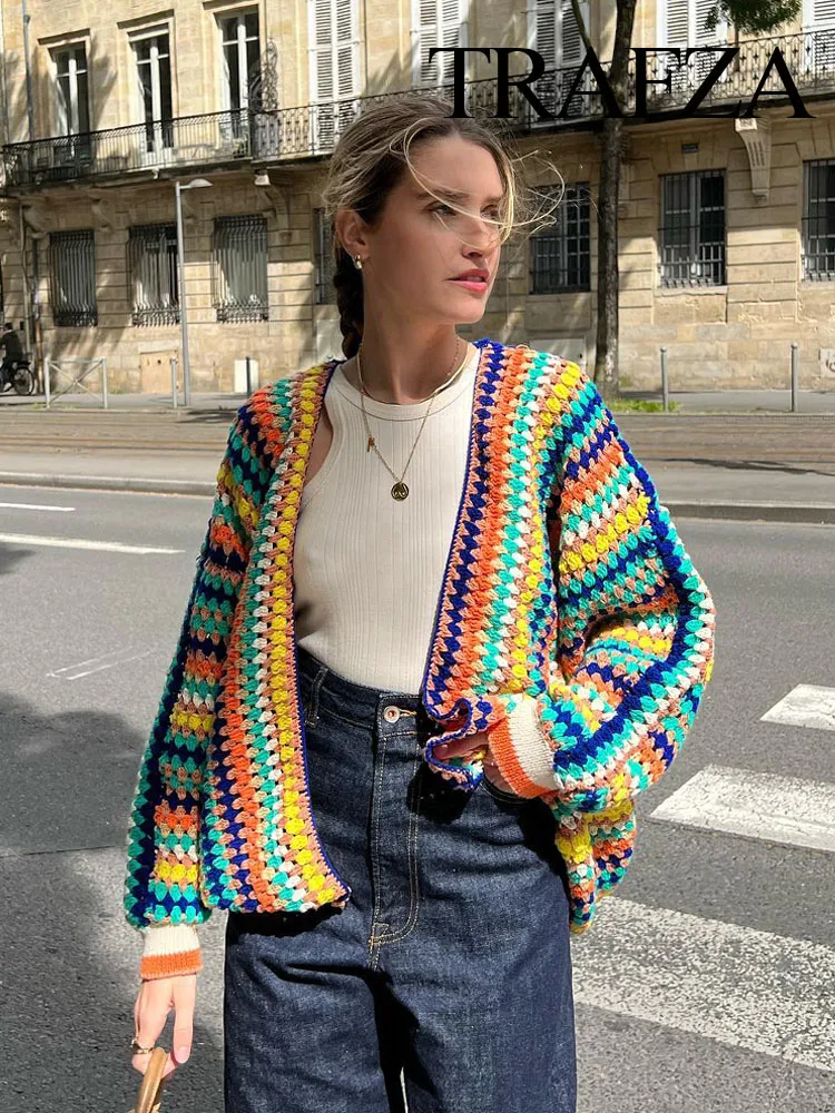 

TRAFZA Crochet Striped Knit Open Stitch Colorful Sweater Vintage Loose Long Sleeve Cardigans Women Autumn New Fashion Streetwear