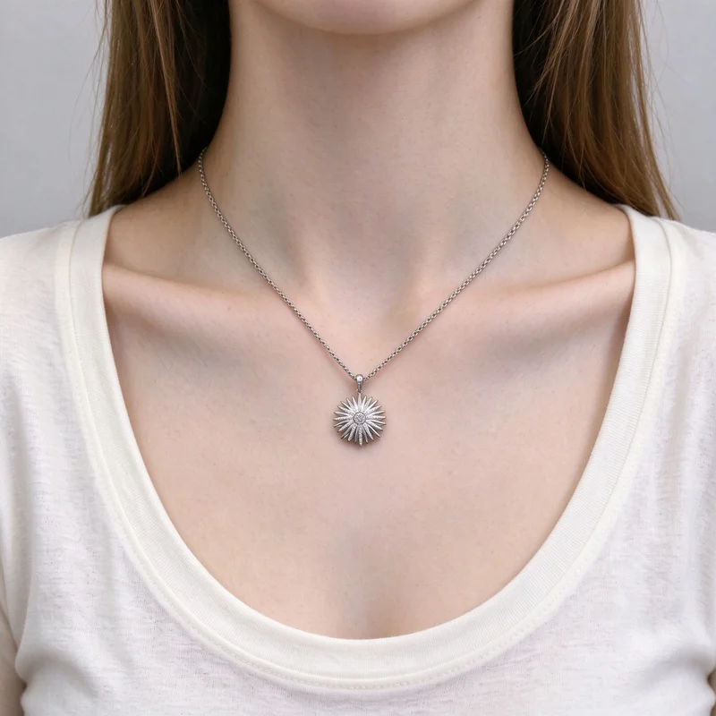 Radiant Sunburst Starburst Pendant Necklace Pave Set with Clear Crystals, Silver Tone Box Chain, Vintage Inspired Sun Flower Charm, Women Fashion Jewelry Gift, Daily Party Wear Accessory, High Quality Polished Alloy, Hypoallergenic Durable Necklace Gift