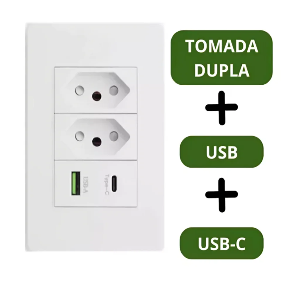 Tomada de Parede Dupla Com Entrada Usb e tipo C 5V Bivolt - 4 em 1 Carregamento Rápido Multi Carregamento