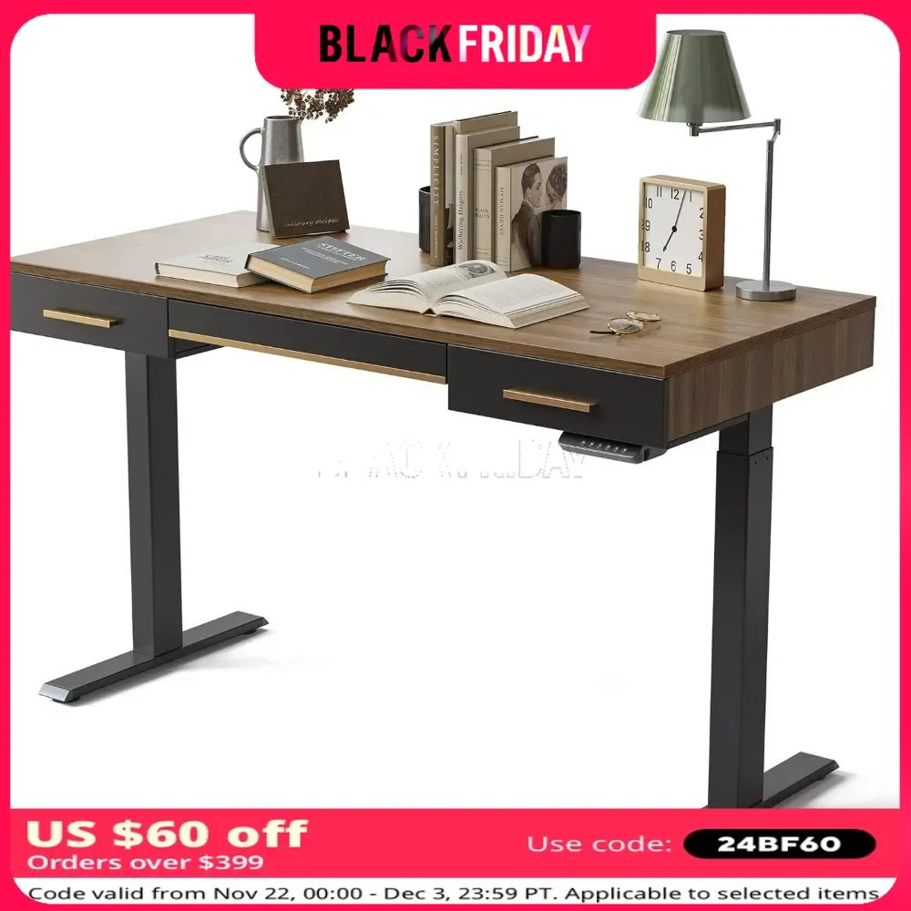 

Standing Desk with 3 Drawers, 55 x 26 Inches Whole-Piece Sit Stand Up Desk for Home Office, Vintage Top/Black Frame