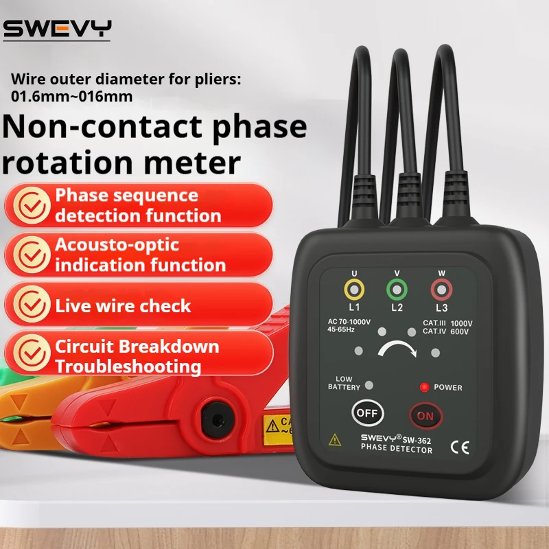 SWEVY High-Precision Non-Contact Phase Tester Three-Phase Power Detection Steering Phase Sequence Strap Led Digital Buzzer