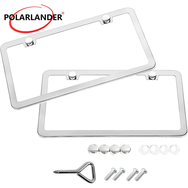 2pcs Silver Chrome Plated Rustproof Universal Stainless Steel License Plate Holder Weatherproof License Plate Frame