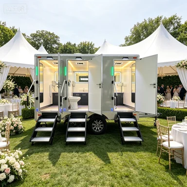 Premium 3 Station Towable Luxury Mobile Restroom Trailer Portable Toilet Unit With LED Light Steps For Wedding Event Outdoor Gat