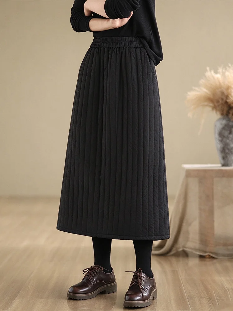 High-End Women's Winter Thickened Quilted Midi Skirt Slimming Cotton Half Skirt A-Line Skirt Warmth Inner  Commute Style
