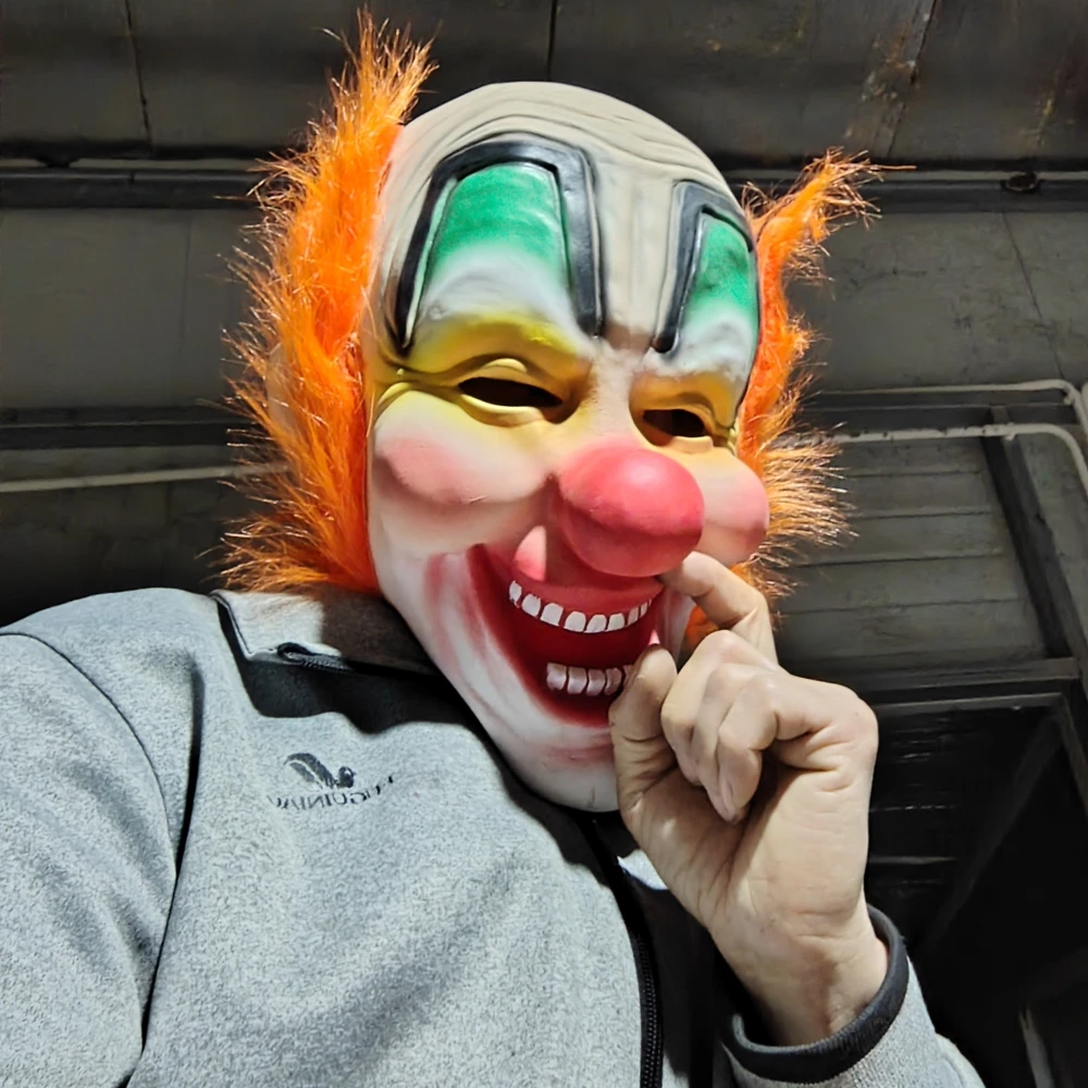 Halloween Evil Laughing Saw Clown Adult Mask Costume head cover Creepy Killer Joker With Orange Hair Cosplay Haunted House Props