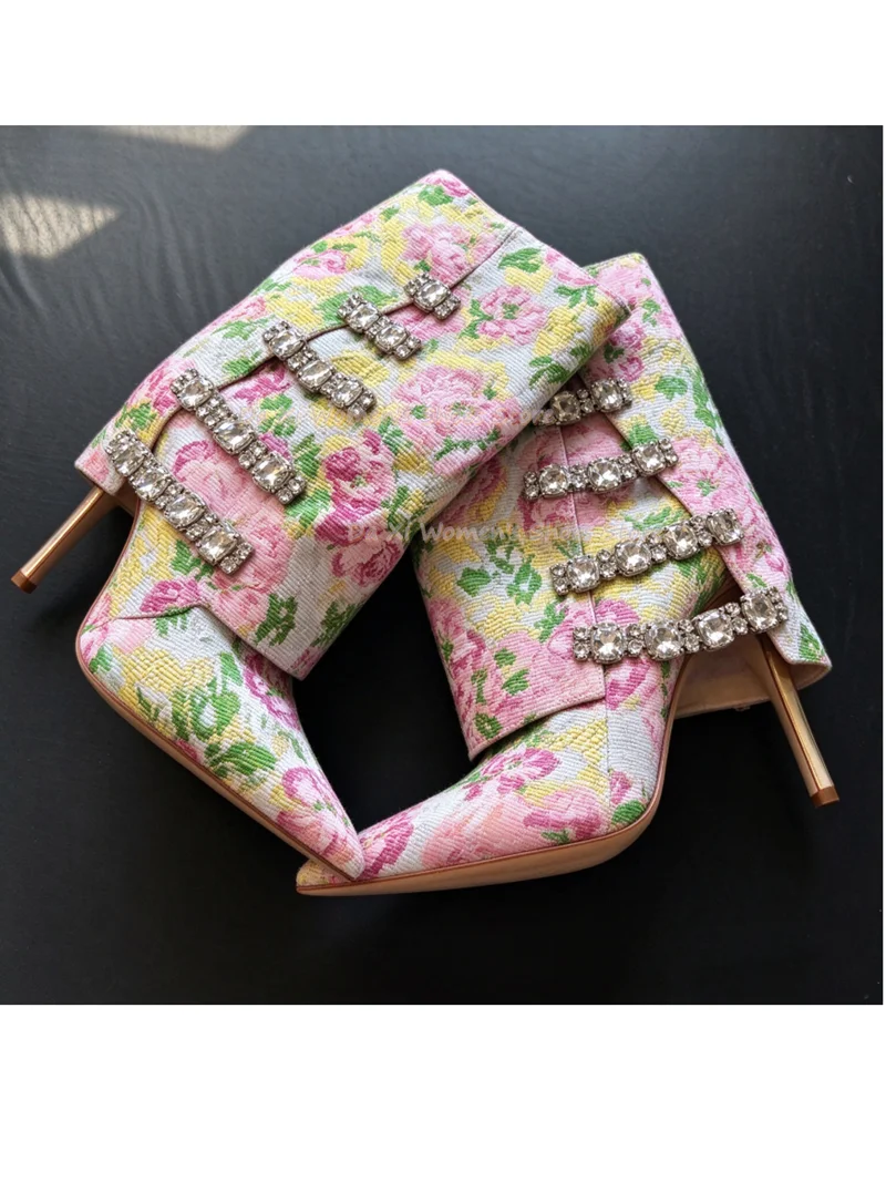Retro Flowers Jacquard Mid-Calf Boots Pink Floral Pattern Rhinestone Clasp Ornament  Pointed tip Stiletto Heel Evening Boots