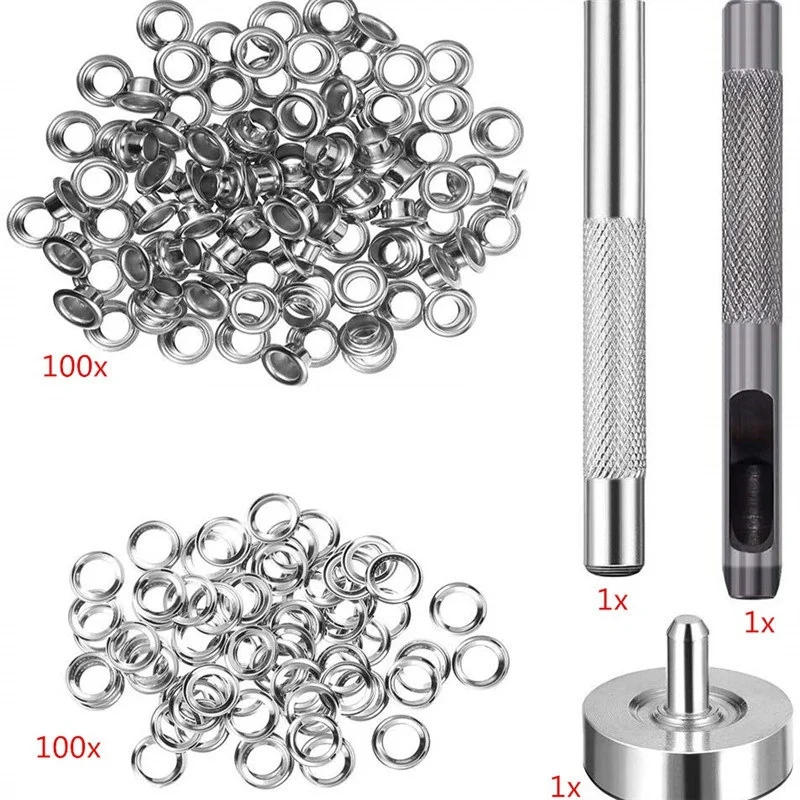 금속 아일렛 세트 6mm 그로밋 링 키트, DIY 액세서리, 가죽 공예 의류 수리용, 마운팅 펀치 로드 포함, 100 개