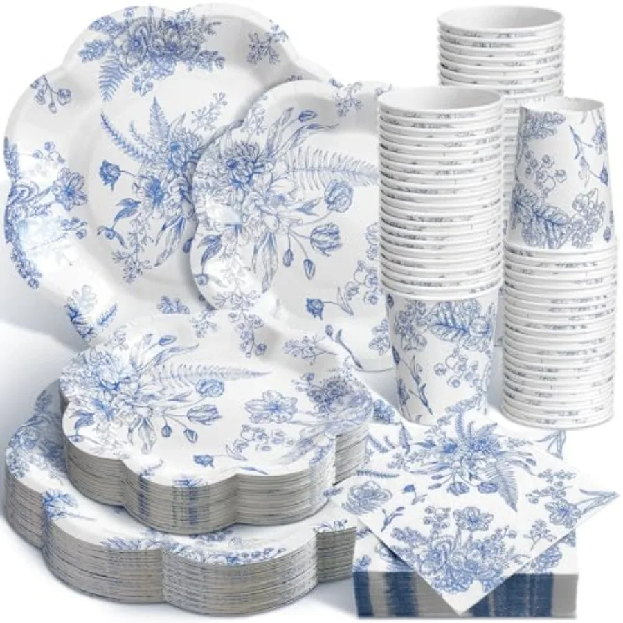 

250 Pcs Floral Disposable Plates Napkins Floral Paper Tableware Set for 50 Guests Paper Plates Napkins Cups for Bridal Shower P