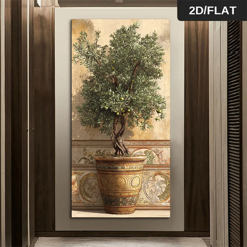 

2D/Flat Modern Mediterranean Olive Tree Canvas Wall Art Frameless Ornate Pot & Ancient Olive Tree Painting for Living Room Decor