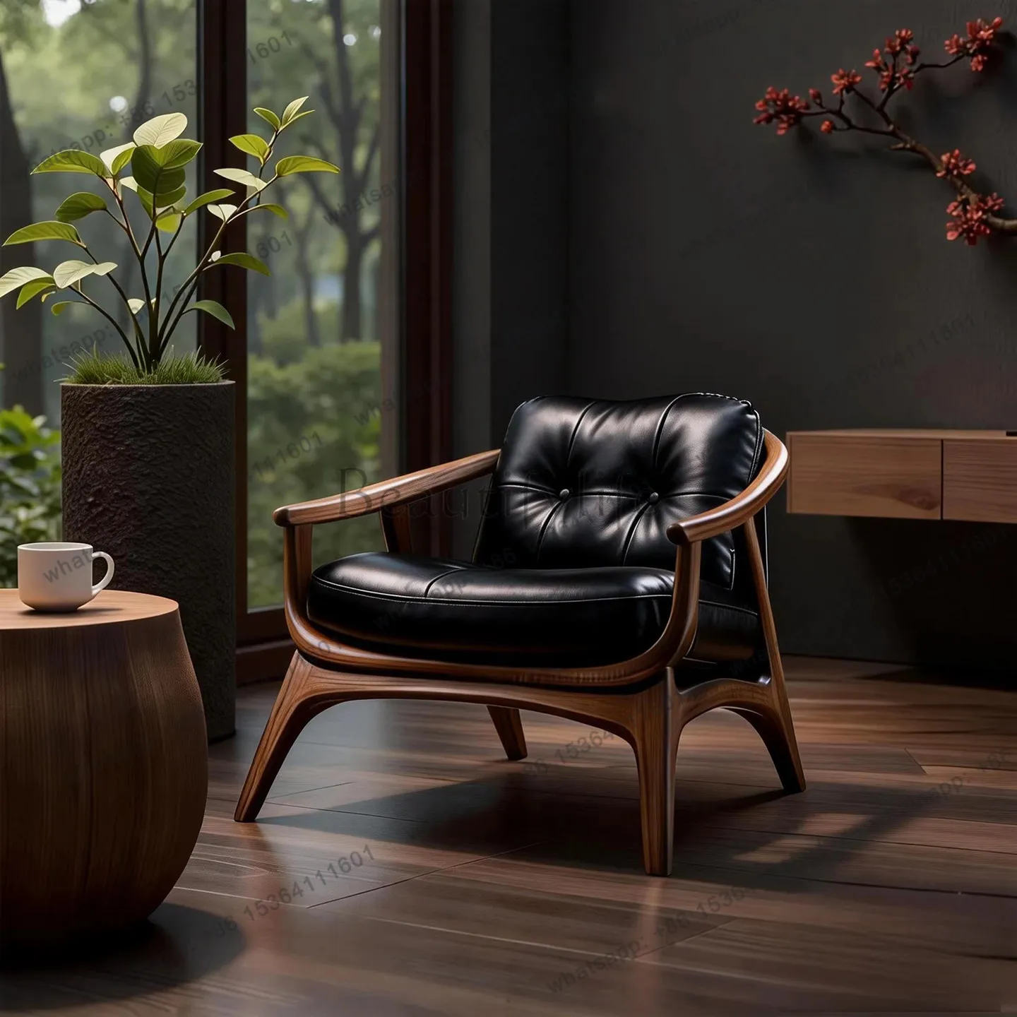 

YJ New Chinese North American Black Walnut Single Chair Medieval Casual Leather Chair Solid Wood Furniture