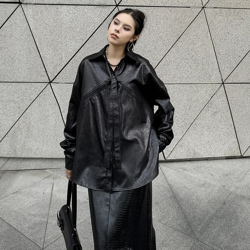 

Street style PU leather shirt for women, detachable two-piece 2024 women's clothing, loose top for autumn and winter