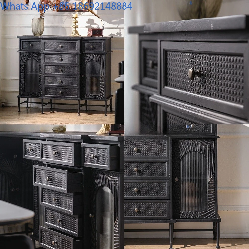 Black Italian Style Entryway Cabinet with Woven Door Solid Wood Vintage Finish Hall Decor Storage for Home or Cafe