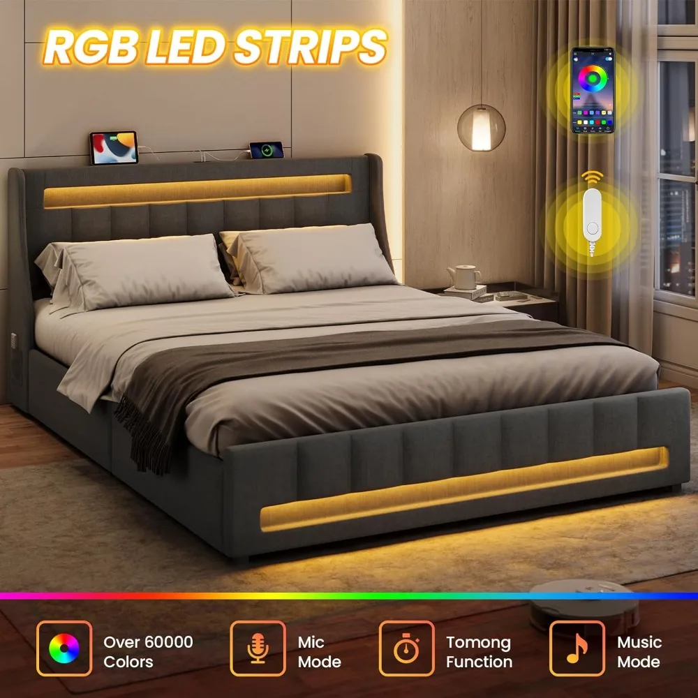 Queen Size Bed Frame with 4 Storage Drawers, RGB LED Light, Charging Station, Slat Support, No Box Spring Needed, Easy Assembly image 2