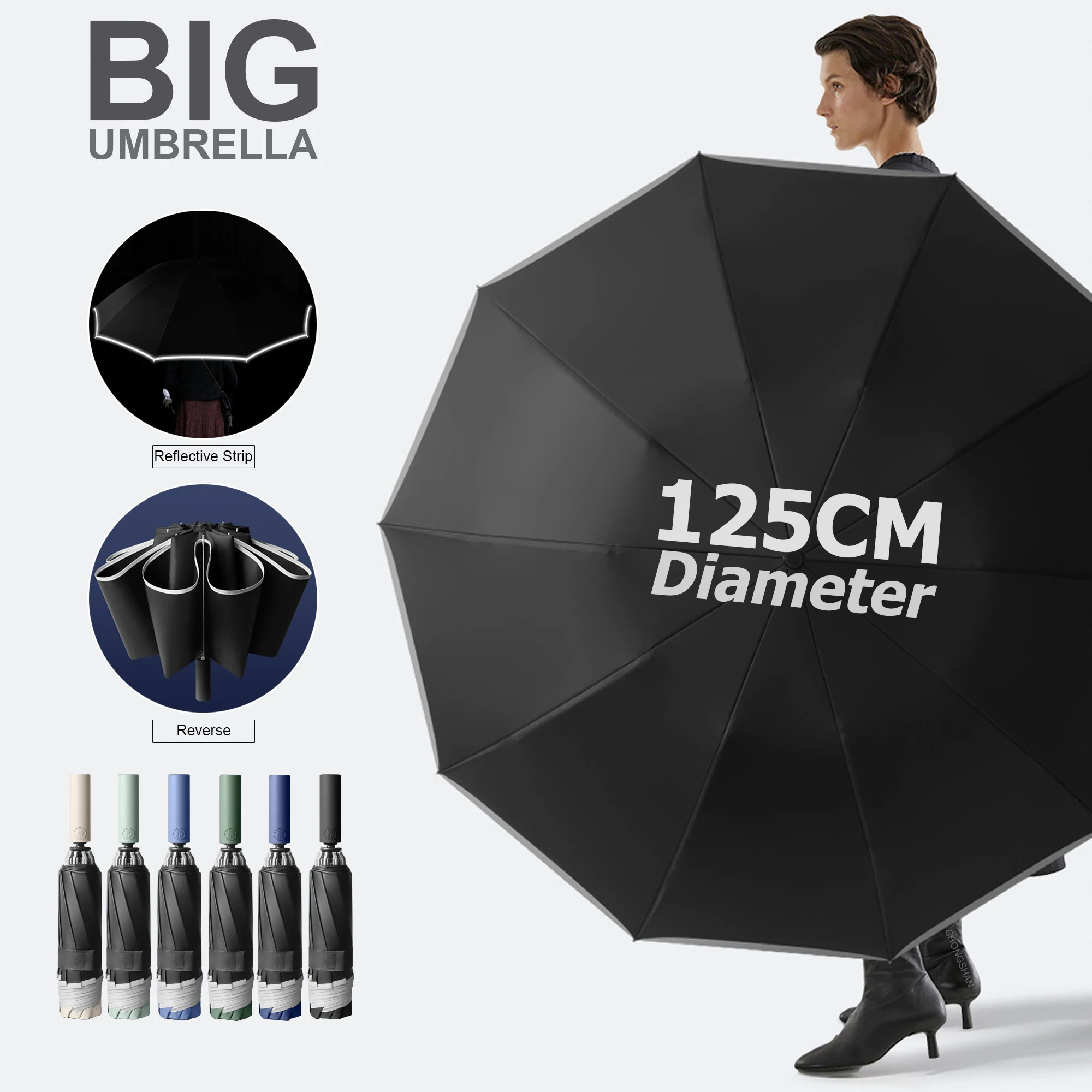 Large 125CM Automatic Folding Umbrella for Men Waterproof Windproof Strong Safety Reflective Reinforced Golf Big UV Umbrellas