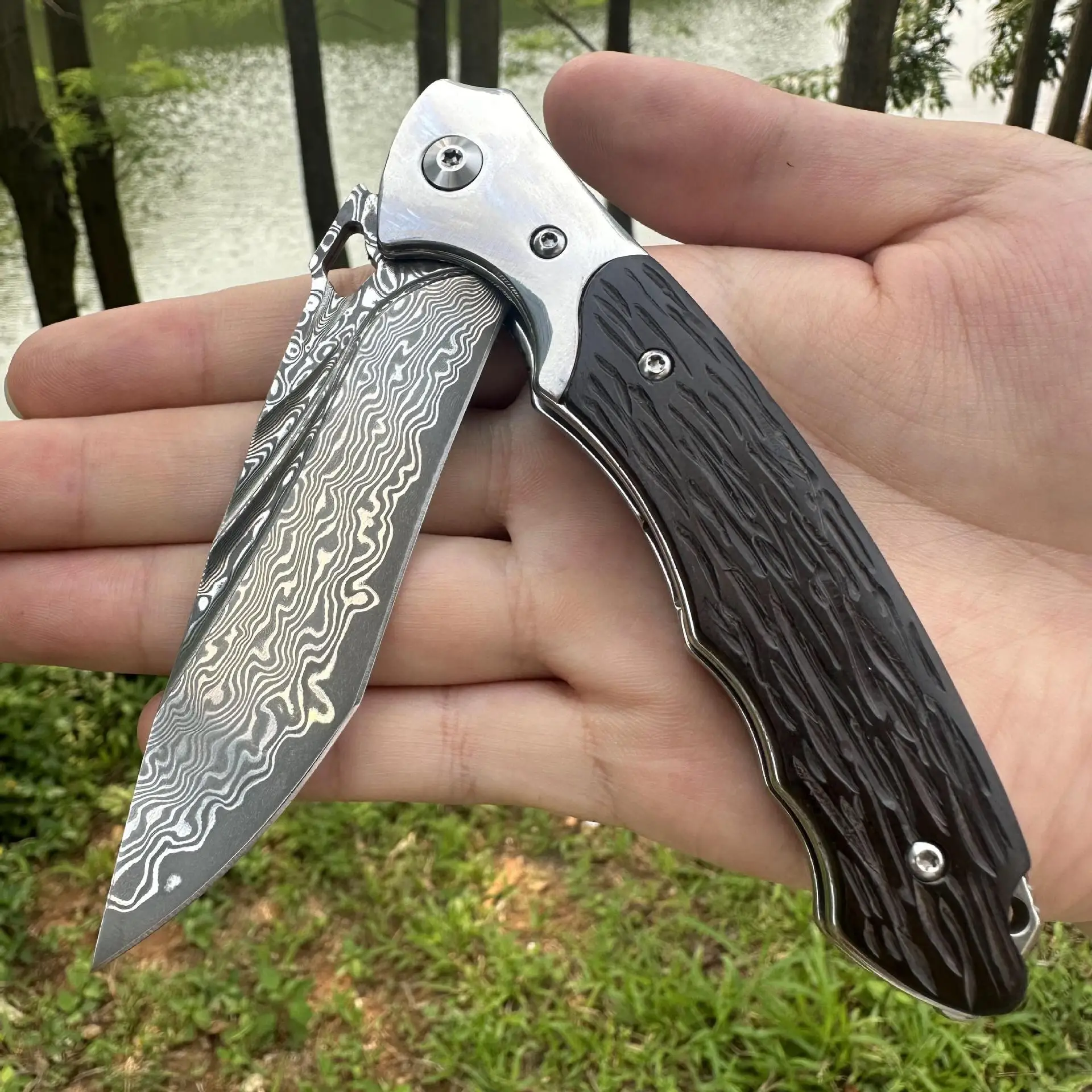 Дамасский складной карманный нож VG10, ручная резная ручка из черного дерева, высококачественный инструмент EDC