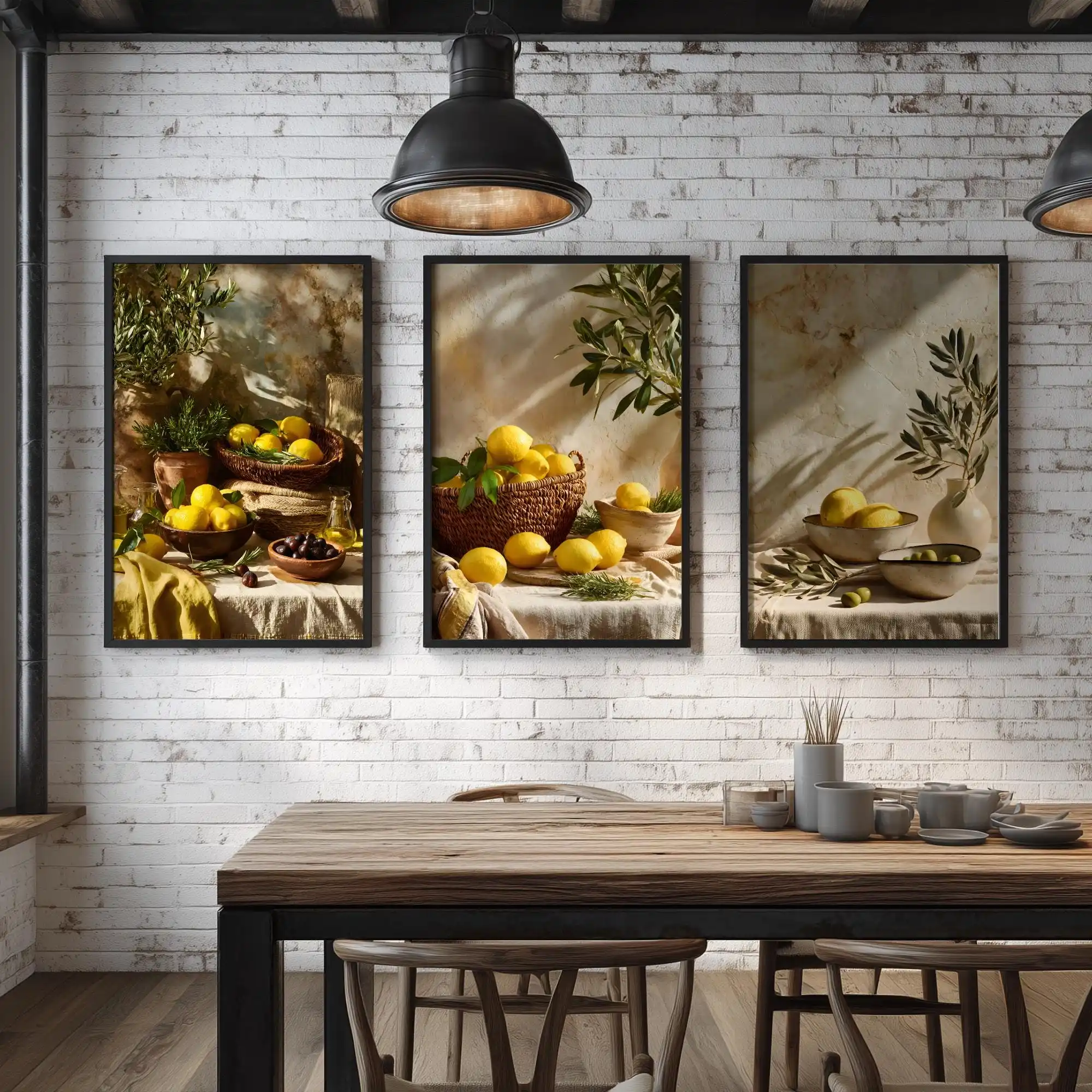 3PCS frameless decorative art print,Neutral Lemon Olive Canvas Prints, Mediterranean Still Life Wall Art, Muted Tone Farmhouse P - view 5
