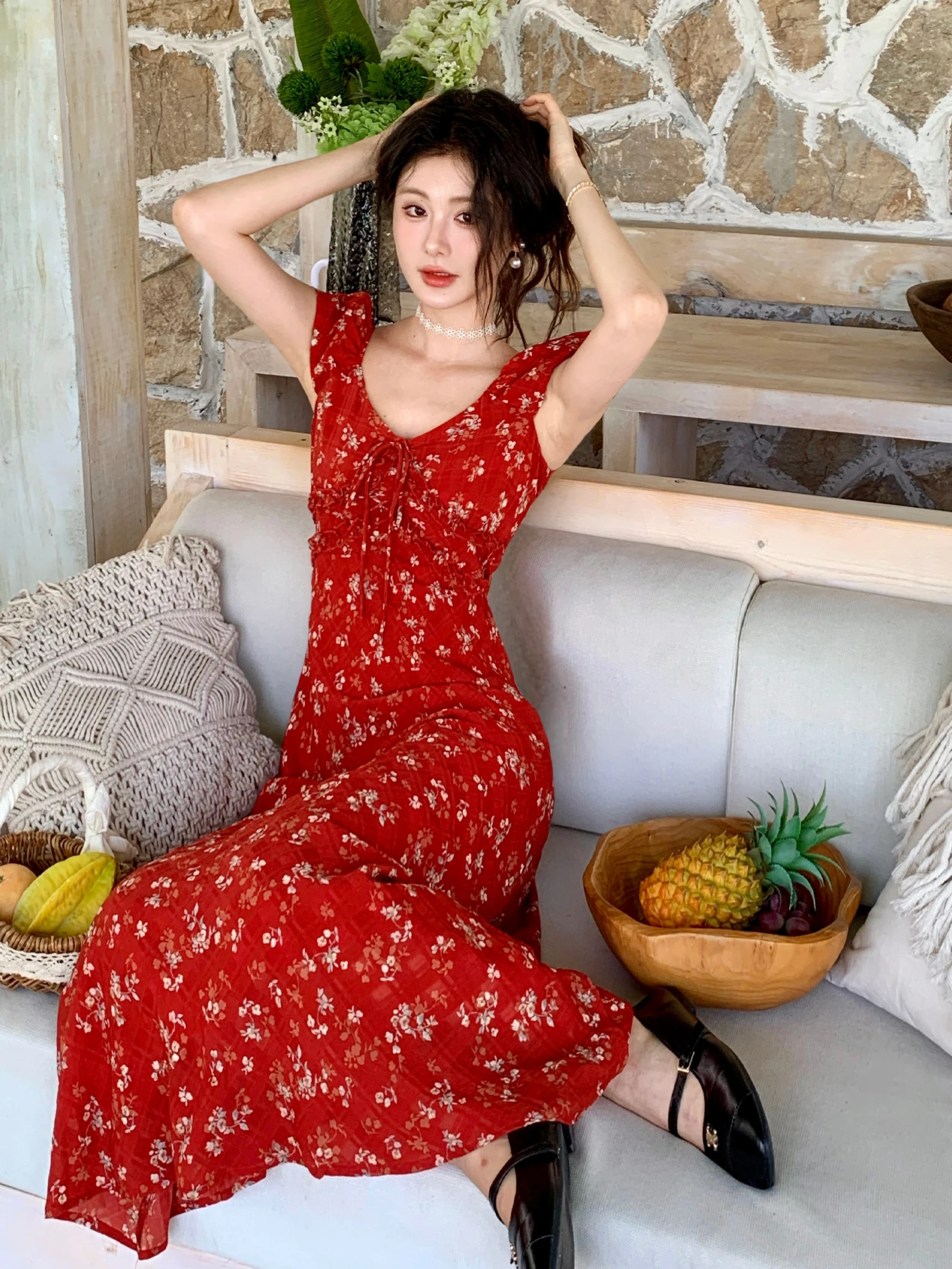 الأحمر الأزهار طباعة ماكسي الدكتور V-Ne الصيف شاطئ Vaion ثوب نسائي الجنية T مثل ألف خط تنورة فقاعة Sve عالية الخصر