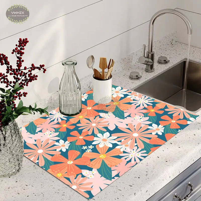 Flower Market Kitchen Absorbent Drain Pad Dish Drying Mat Tableware Draining Printed Dinnerware Cup Bottle Drink Coaster Mat