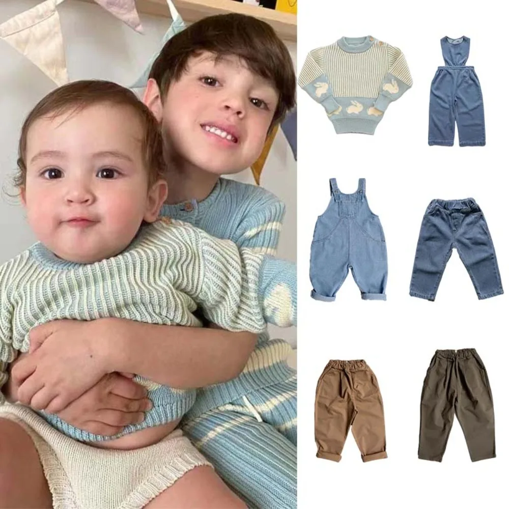 

Pants for Children 2024 Autumn and Winter Boys and Girls Folk Denim Overalls Fin Rabbit Knitted Top