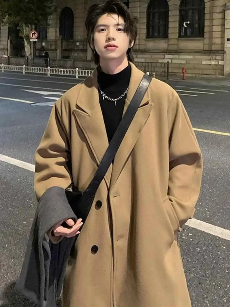 

Korean Sle Briti Suit Coat Men's Autumn Winter Cleanfit High-End Feeling Woolen Coat lectual Windbreaker