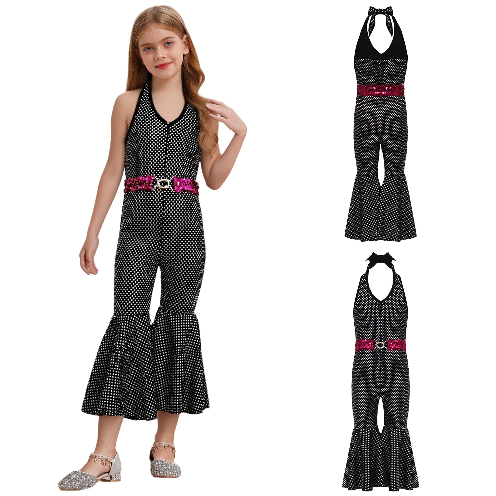 여자 레트로 디스코 점프수트 반짝이는 스팽글 타이업 스타일 앞면 보이지 않는 지퍼 벨 팬츠 할로윈용 스팽글 허리 벨트 포함