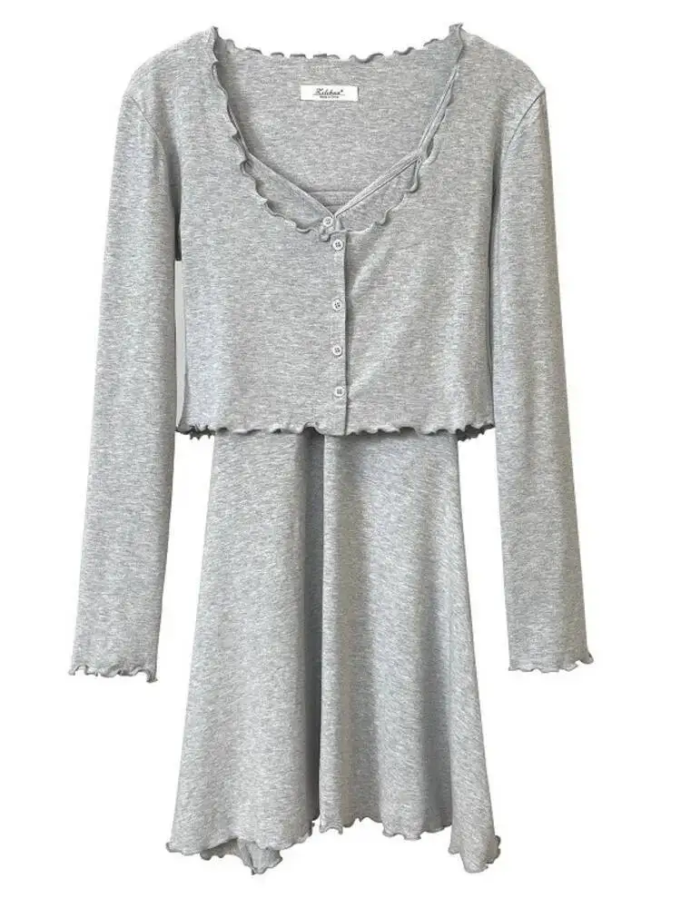 WOMENGAGA كوريا جديد مثير المؤنث رقيقة طويلة الأكمام تي شيرت تيز + سليم حبال فستان قصير الخامس الرقبة قطعتين النساء فساتين 836L #6