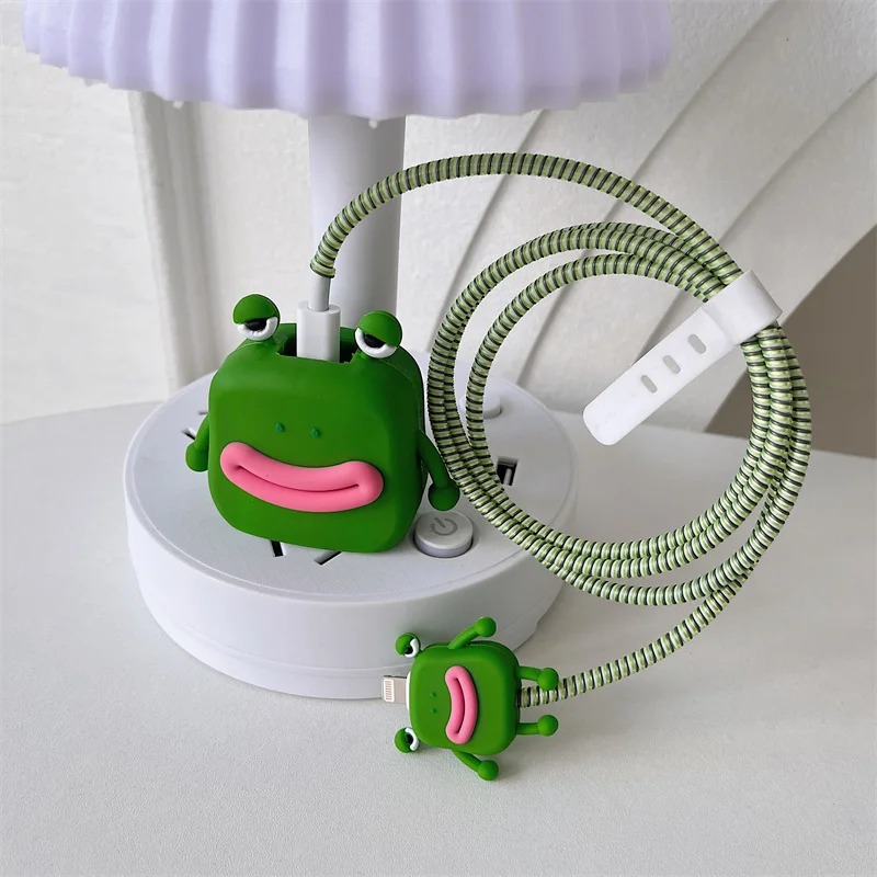 Cartoon Cute Funny Frog Soft Silicone Charger Protective Case For IPhone 11 13 14 18W-20W Fast Charge Protection Charger Cover