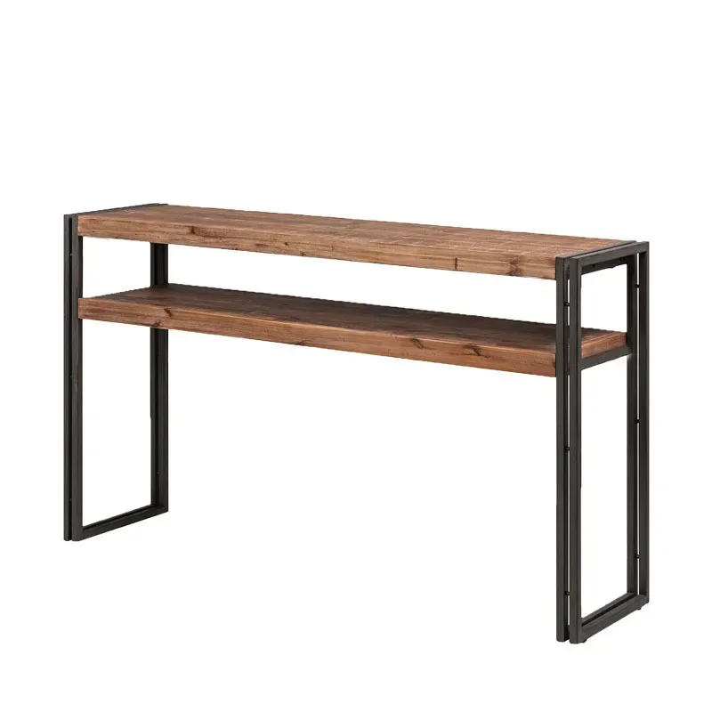 Solid wood entrance table Industrial style wrought iron old strip table Simple long double-layer table against the wall