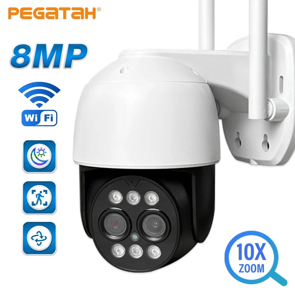 

PEGATAH 4K 8MP WiFi IP Camera 10X Zoom Digital Dual Lens AI Human Tracking Night Vision Security Video Surveillance PTZ Cameras