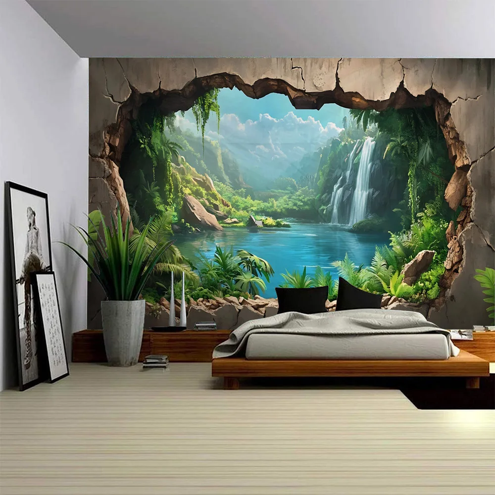 

3D stone wall dinosaur landscape tapestry wall hanging cartoon home decoration background cloth dormitory living room bedroom