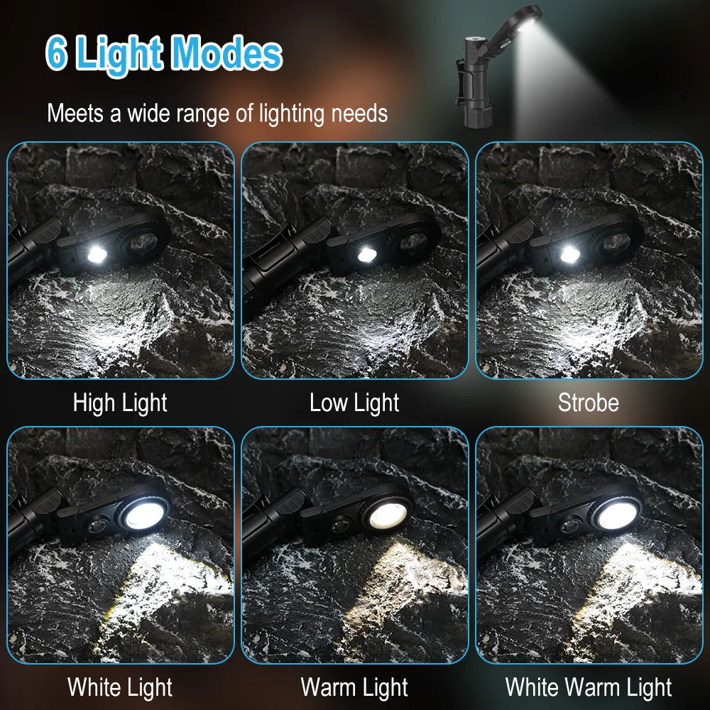 BORUiT ไฟหน้าแบบ LED Ultra Bright มัลติฟังก์ชั่นแบบชาร์จไฟได้พร้อมสปอตไลท์สําหรับซ่อมรถยนต์ใช้ตั้งแคมป์กลางแจ้ง