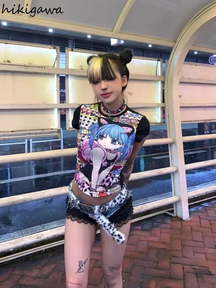 Women Clothes Japanese Anime Print T Shirts Crop Tops Short Sleeve O-neck Summer Tees Casual Chic Y2k Tshirts 2024 Ropa Mujer