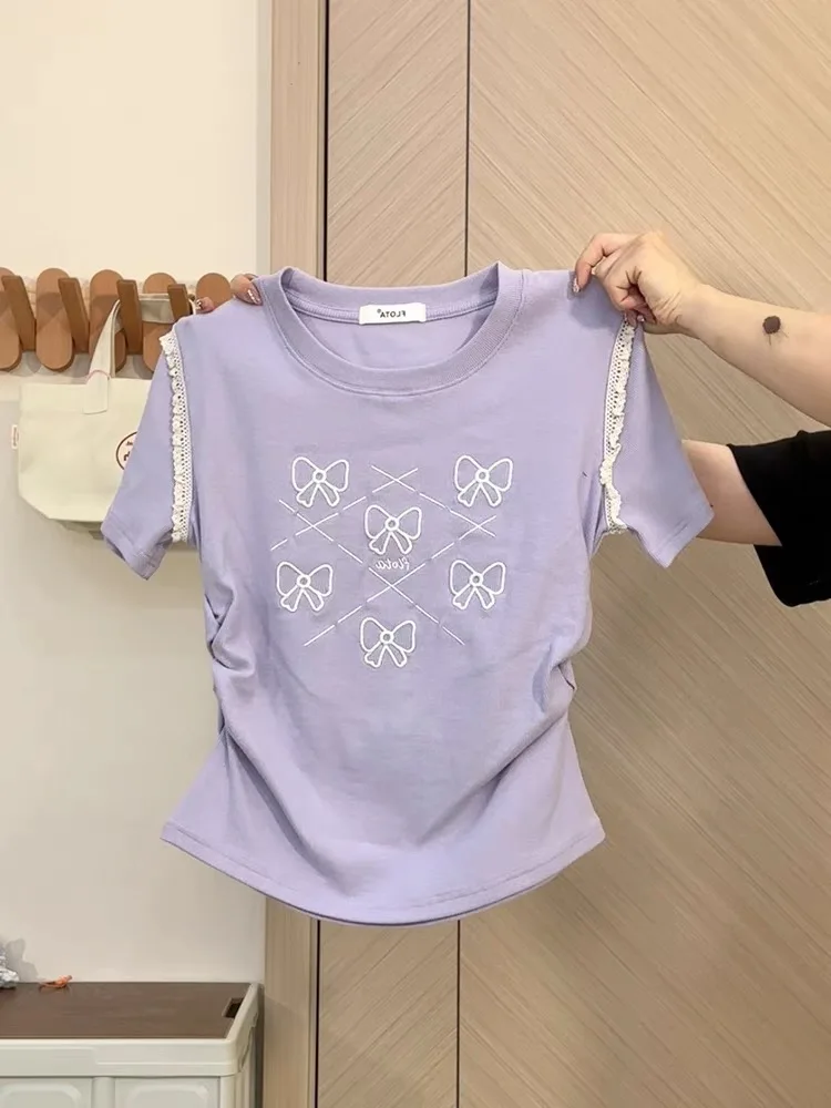 Purple Short Sleeve Shoulder T-Shirt Short Style for Small Figures Guangzhou Thirteenth Factory Women's Fashion Summer Top