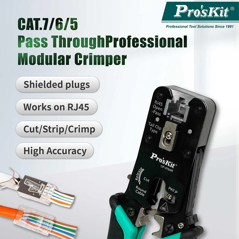 Pro’skit CP-376AR Through Hole Network Crimping Pliers CAT.7/6/5 3 in 1 Cut Strip Crimp Tool Ethernet Cable Repair Hand Pliers