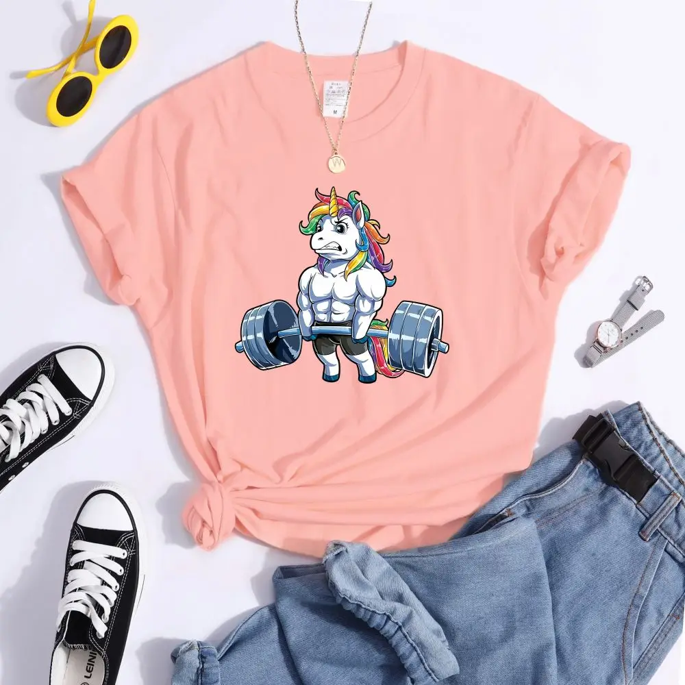 Funny Gym Unicorn Fitness Bodybuilding Cute Prints Women T-shirt Summer Casual Short Sleeve Street Loose Breathable Tee Clothes