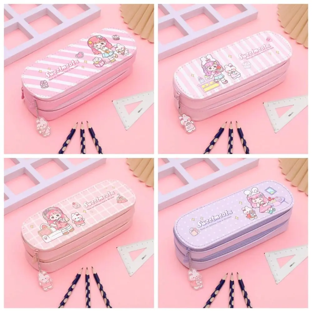 Cute Oxford Pen Bag Cartoon Large Capacity Stationery Bag Multifunctional Double Layer Pencil Case