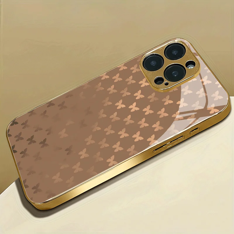 Retro Brown Gradient Butterfly Glossy Phone Case for iPhone 18 17promax /16/15/14/13/12ProMax/11/11Pro Anti-drop protection