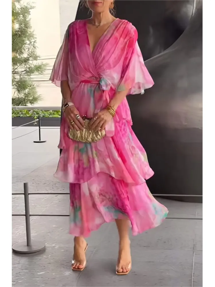 Feminino elegante chiffon impressão em camadas vestidos de festa irregulares 2025 verão moda profundo decote em v meia manga rendas vestido longo