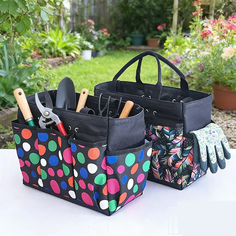 2pcs Portable Garden Tool Tote Bag Oxford Storage Bag Colorful Leaf Print Multi Compartment Pocket For Gardening Shovel Scissors
