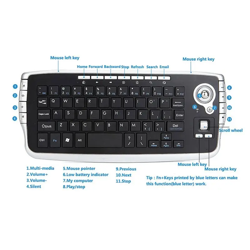 DT39 2.4G Wireless Keyboard with Trackball Mouse Scroll Wheel Remote Control for Android TV Box Smart TV PC Silver