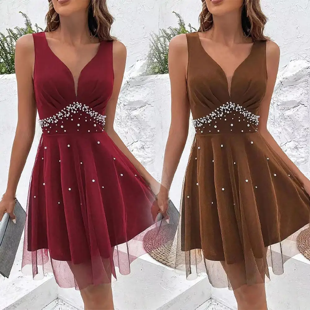 

Lady Summer Ball Gown Elegant V Neck Pearl Embellished A-line Evening Dress with Double-layer Mesh Overlay High Waist for Summer