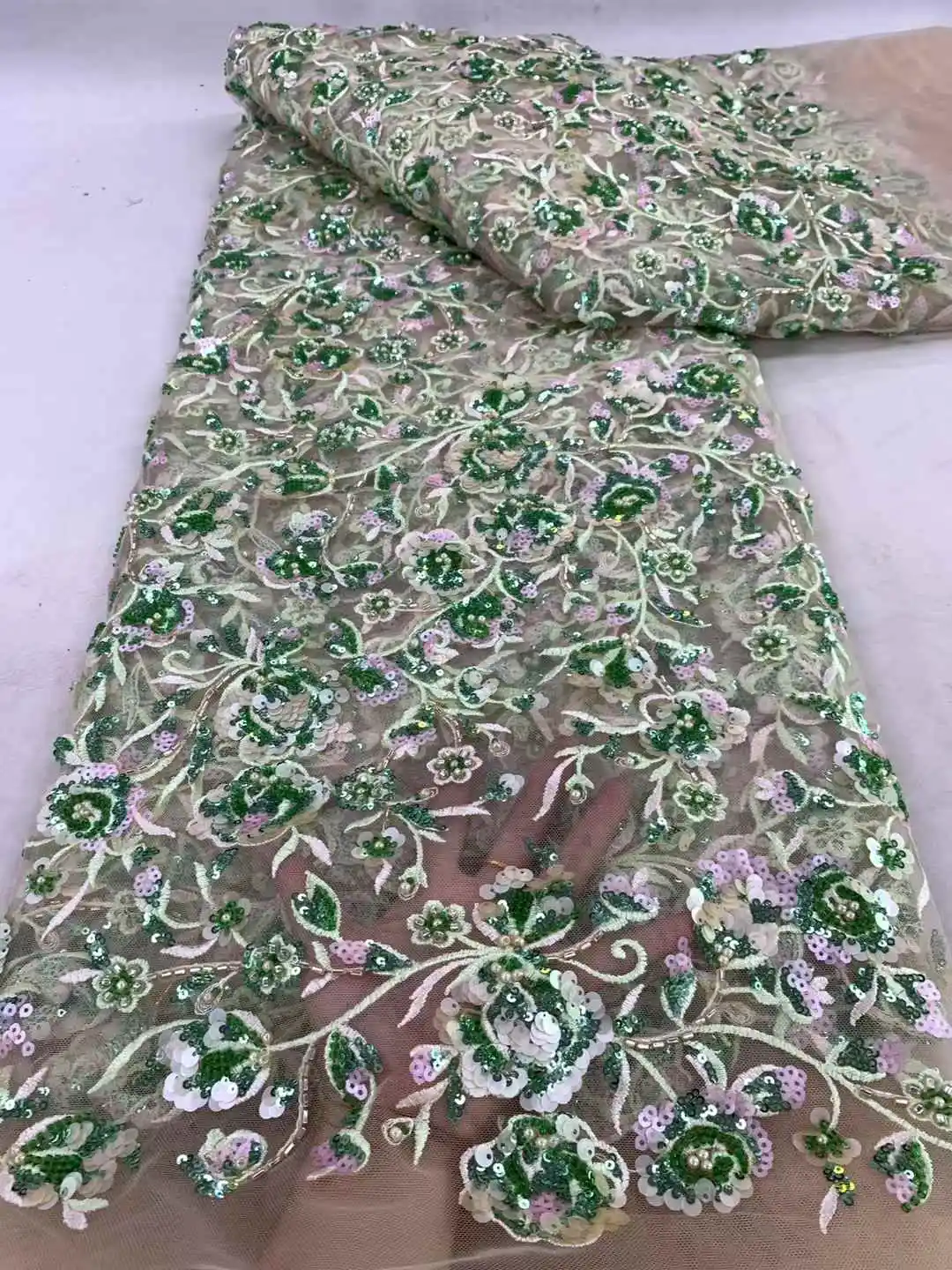 

African Luxury Beaded Tulle Lace Fabric 2025 Nigerian Handmade Heavy Sequins Pearls Lace Fabric Fro Bridal Wedding Dresses ZX