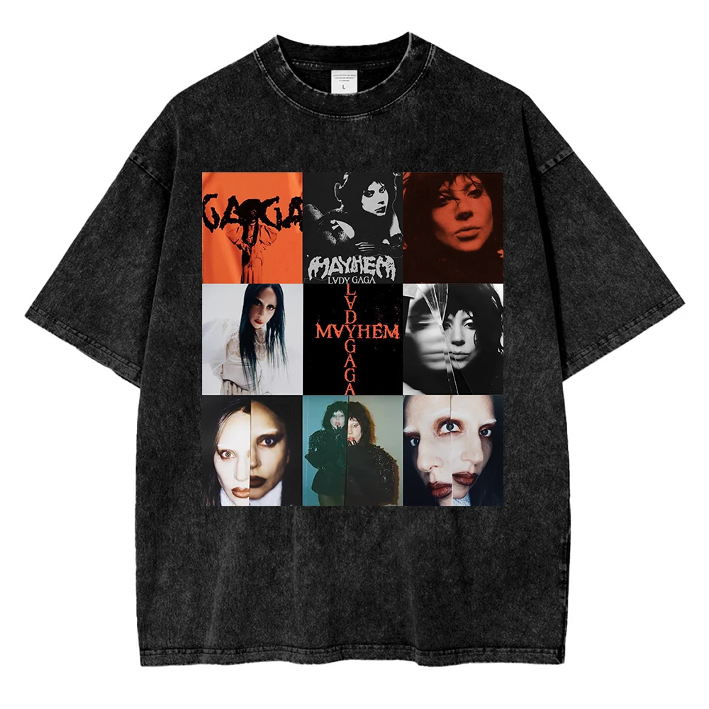 تي شيرت كلاسيكي مغسول من Lady Gaga The Mayhem Ball Tour 2025 تي شيرت أنيق للرجال/النساء جمالي عالي الجودة غسول حمض 100% قطن تي شيرت