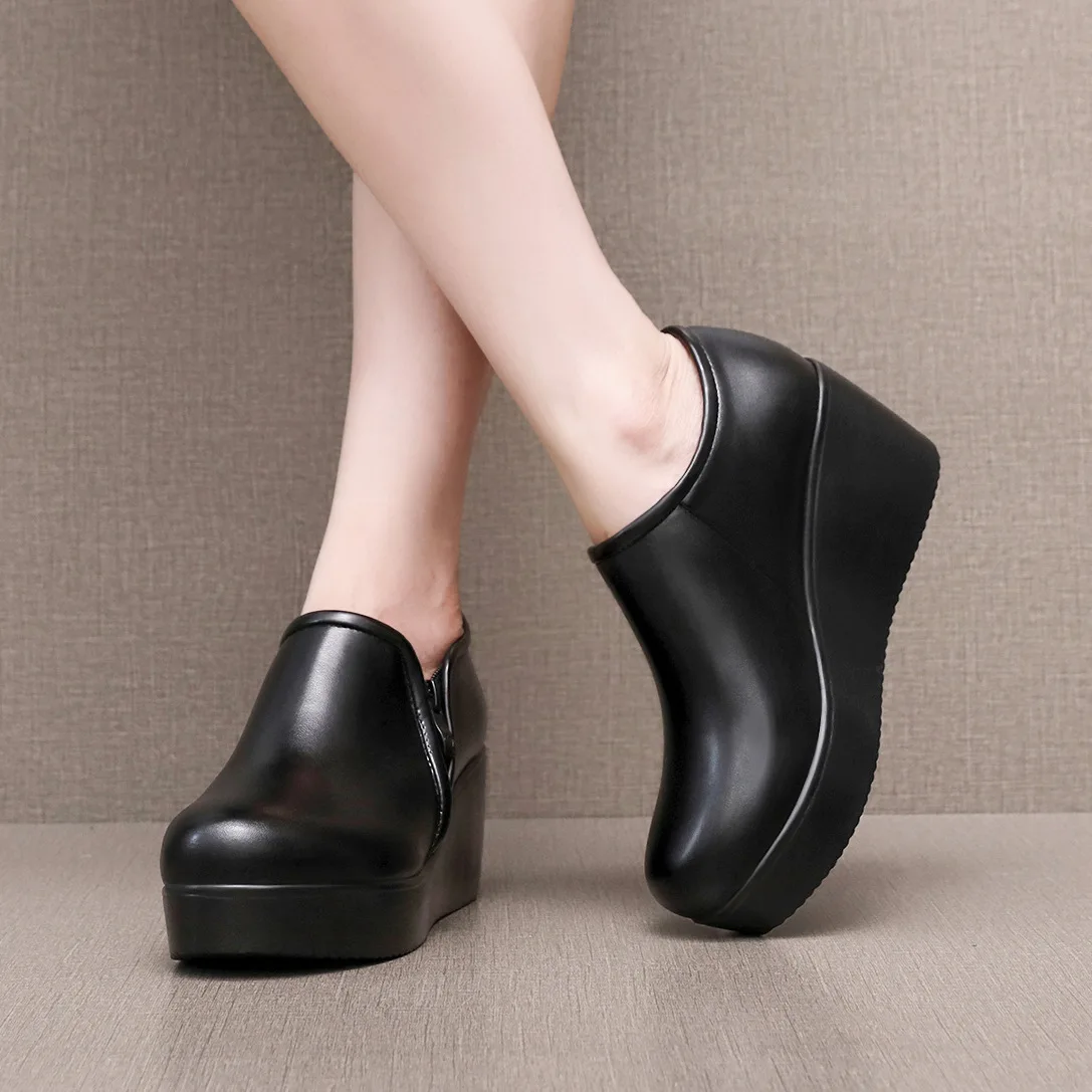 

6cm Round Comfortable Platform Wedges Heels Shoes Spring Autumn Deep Mouth Soft Leather Loafers Slip on Mom Shoes Size 32-43