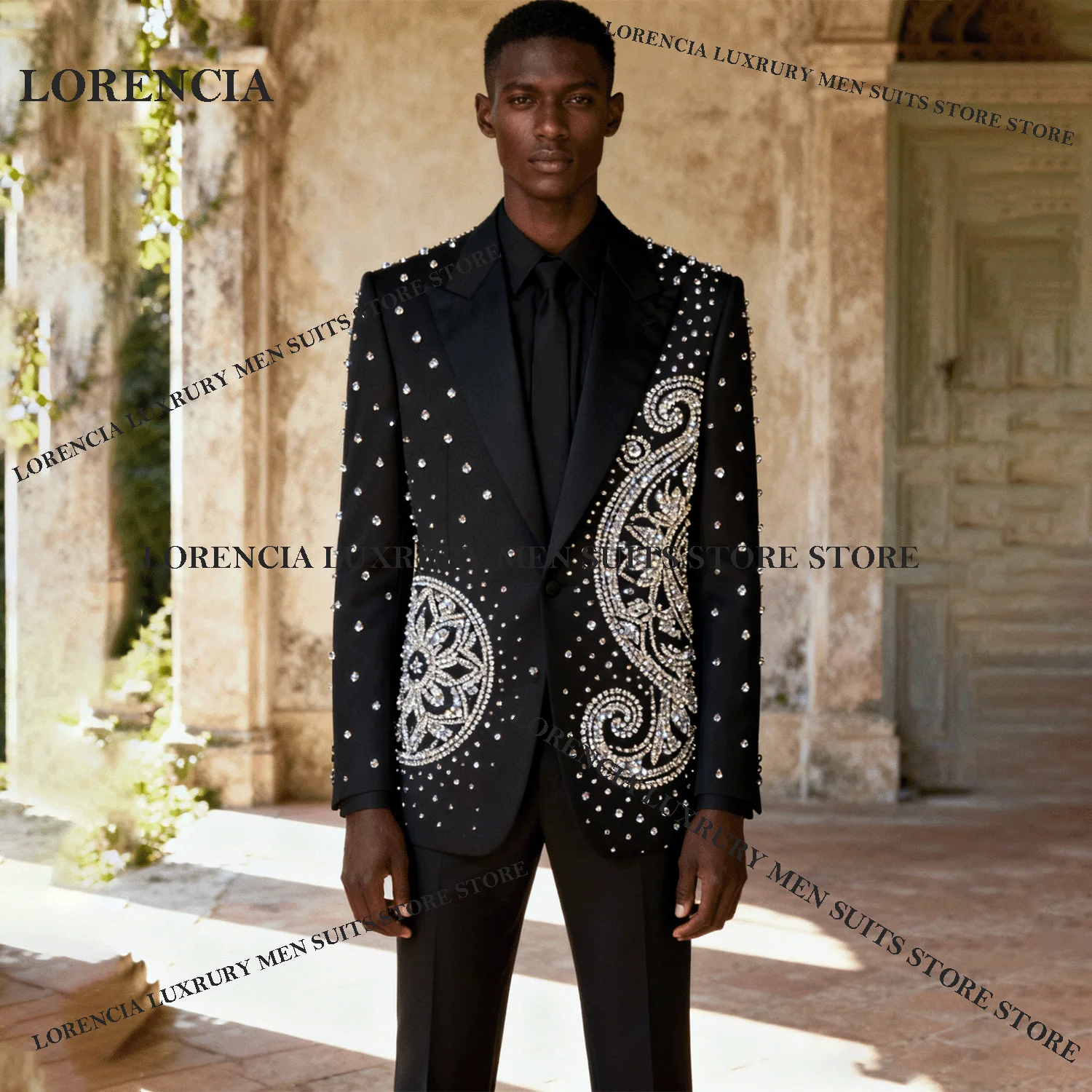 

Elegant Customized Gem Diamond Men Suit Wedding Tuxedos 2 Pieces Sets Single Breasted Groom Male Blazers Slim Fit Ropa hombre