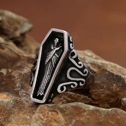 Retro Unique Vampire Skull Ring for Men Gothic Stainless Steel Creativity Coffin Rings Motorcycle Amulet Jewelry Gift Wholesale