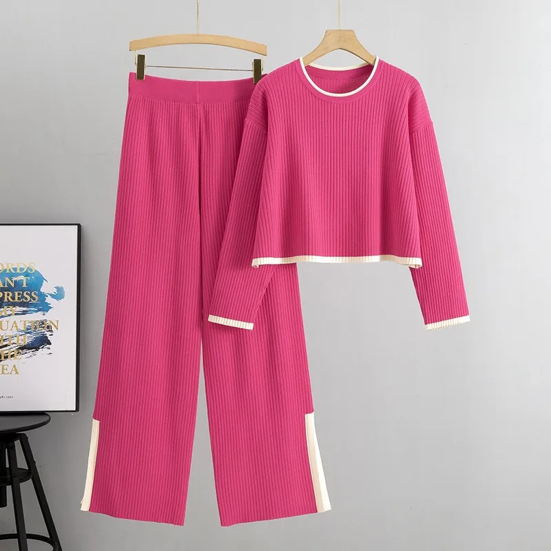 

Spring And Summer Loose Long Sleeved Round Neck Pullover Women's Knitted Casual Suit Wide Leg Pants Fashionable Women's Suit