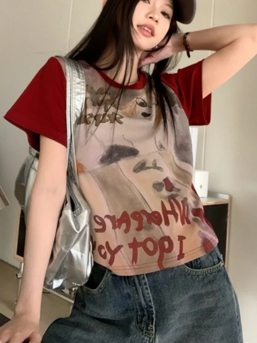 Alien Kitty 2025 달콤한 만화 티셔츠 여성 빈티지 느슨한 새 여름 짧은 소매 세련된 하이 스트리트 캐주얼 모든 경기 티셔츠