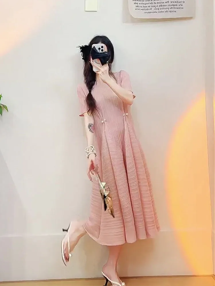 Casual Summer New Style Three Houses Wind Fashion Dress Simple Matching Loose Short Sleeve Pleated Women's Polyester Fiber Dress