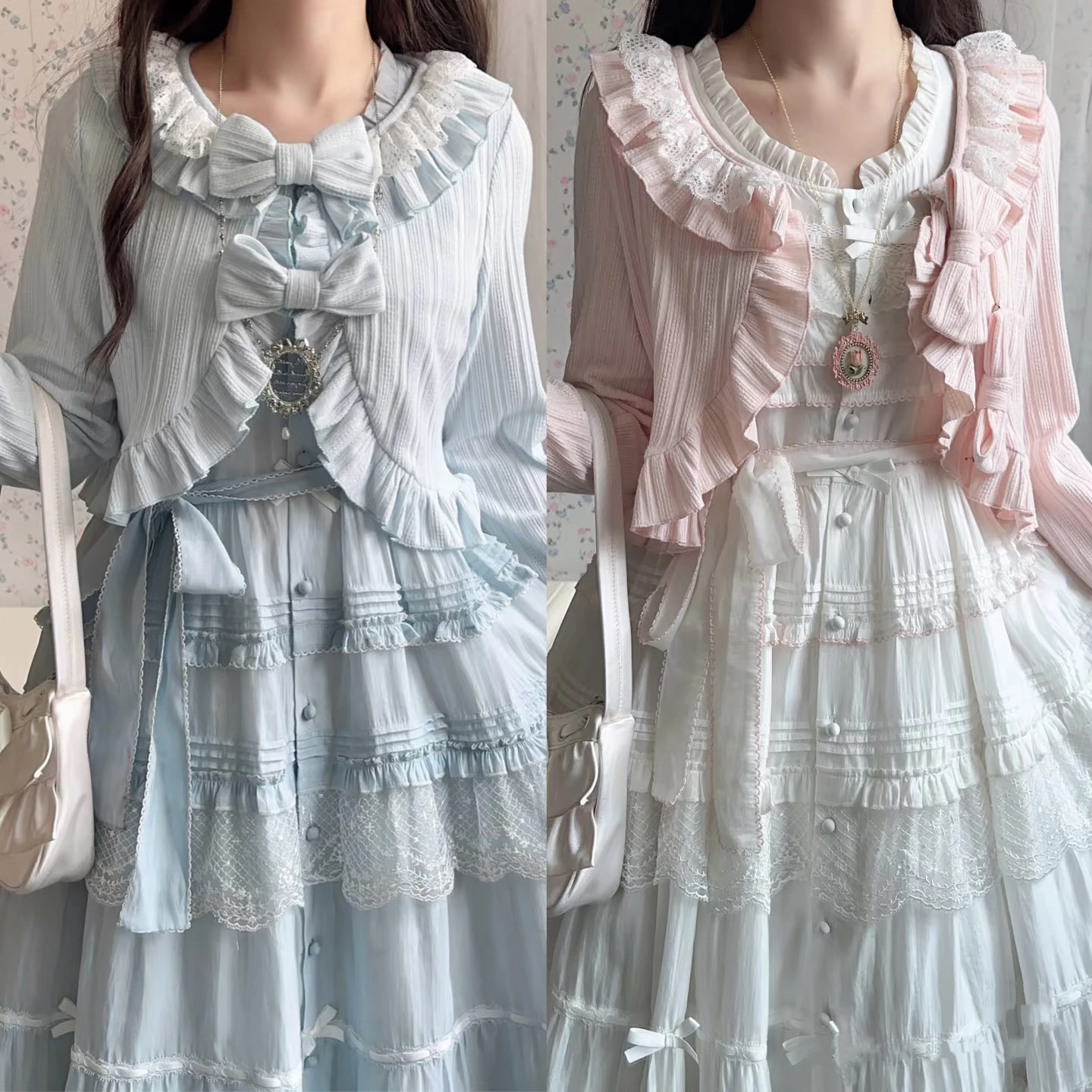 Coalfell Lolita gola plissada xale curto Lolita outono e inverno mangas jaqueta fofa cardigã de malha com laço